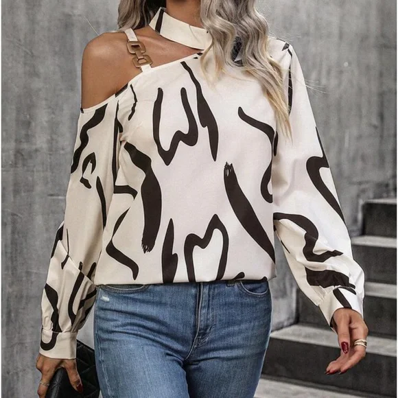 Elegant Off Cold Shoulder Asymmetrical Neck Long Sleeve Top Blouse Shirt - Picture 3 of 6